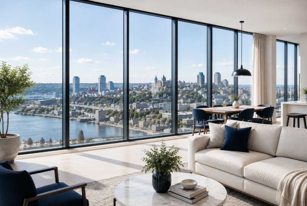 Bright luxury apartment living room overlooking the Quebec skyline